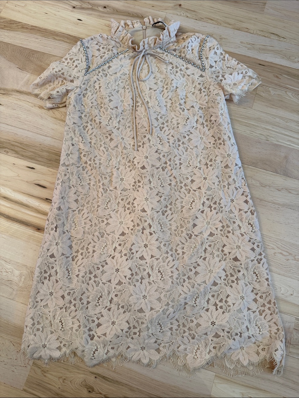 Sandro Neutral Tone Lace lined Mini Dress-Crystal neck detail-Feminine